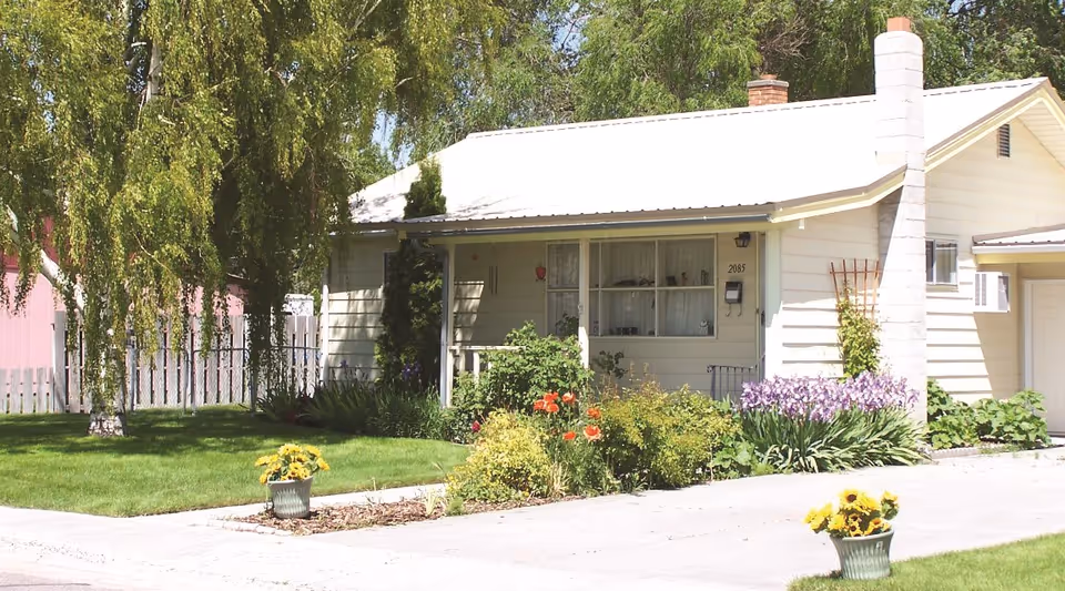 Single-story light-colored house with a front porch, chimney, driveway and a landscaped lawn with flowering shrubs and potted plants.