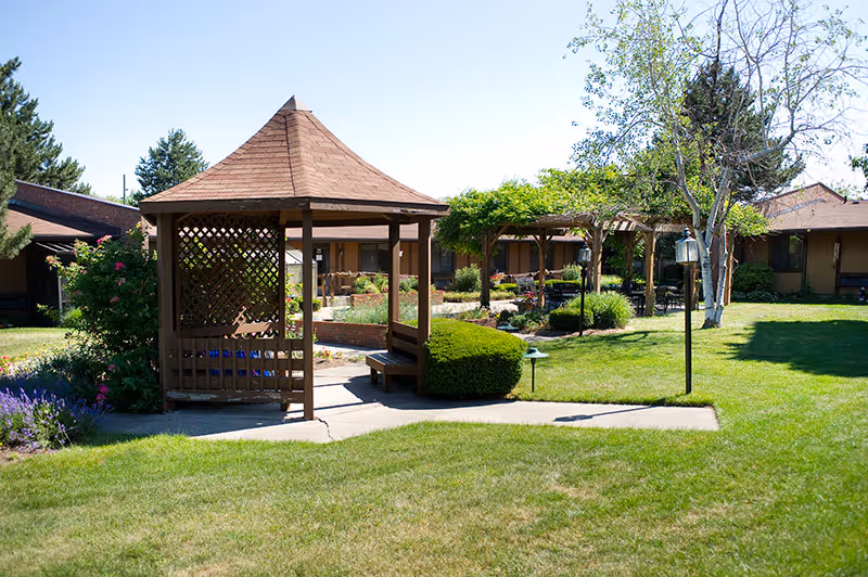 A sunny landscaped courtyard with a wooden gazebo, pergola, and green lawn in front of single-story residential buildings.