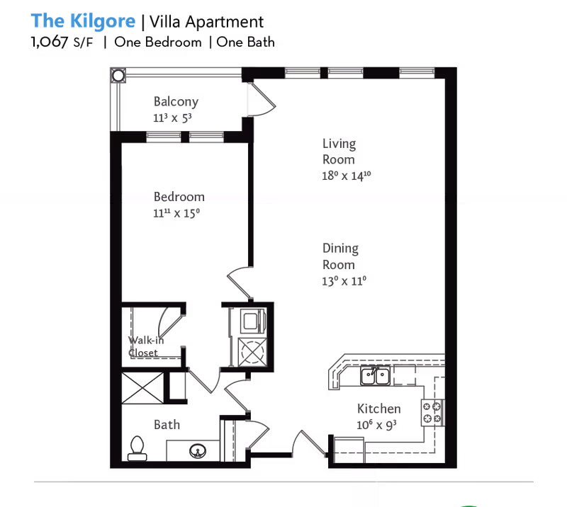 Floor plan of The Kilgore apartment unit showing a balcony, bedroom with walk-in closet, bathroom, living room, dining room, and kitchen with dimensions.