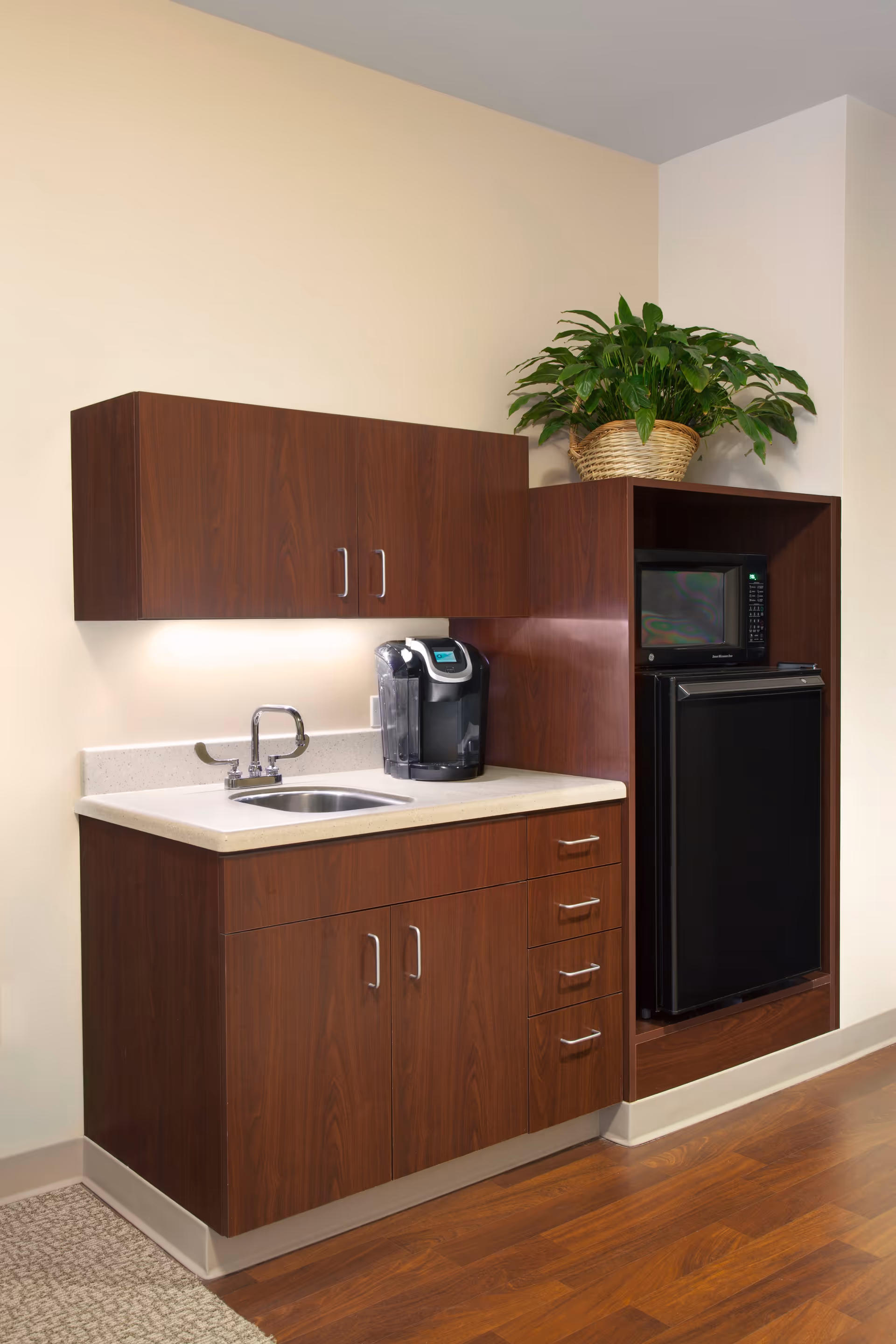 A small kitchenette area with wooden cabinets, a countertop with a sink, a coffee maker, a microwave, and a mini refrigerator. There is a green potted plant on top of the cabinet next to the microwave.