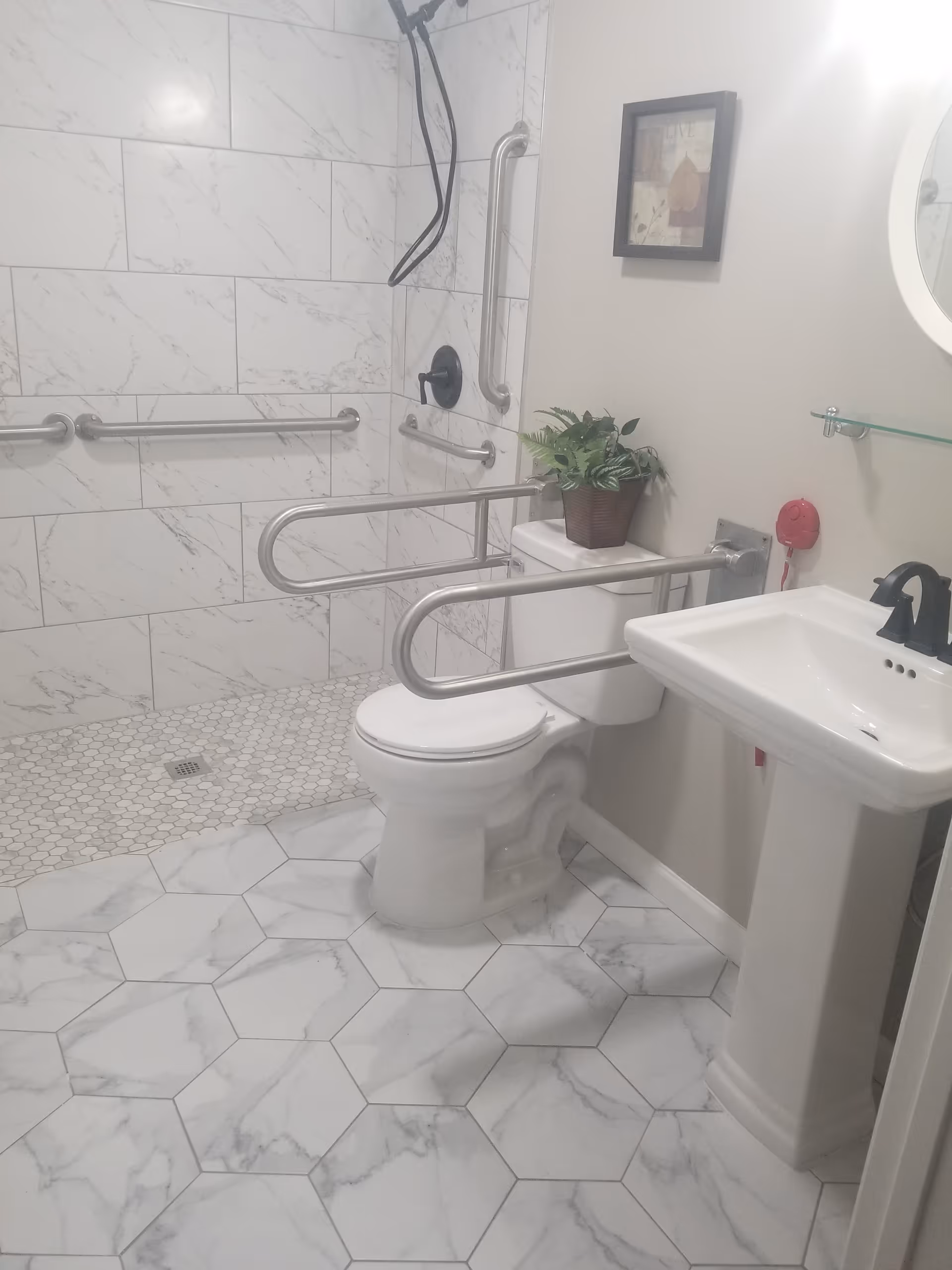 A clean, accessible bathroom with white marble-patterned hexagonal floor tiles and white rectangular wall tiles in the shower area. The bathroom features a white toilet with stainless steel grab bars on both sides, a white pedestal sink with a black faucet, a small potted plant on the toilet tank, a framed picture on the wall, and a walk-in shower with a handheld showerhead and multiple grab bars.