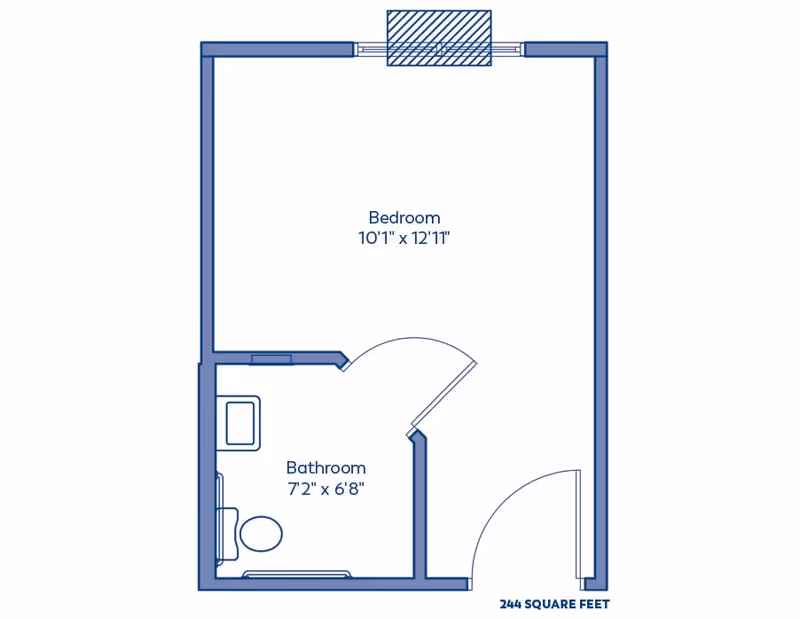 Floor plan of a living space at Buckner Villas showing a bedroom measuring 10 feet 1 inch by 12 feet 11 inches and an attached bathroom measuring 7 feet 2 inches by 6 feet 8 inches, with a total area of 244 square feet.