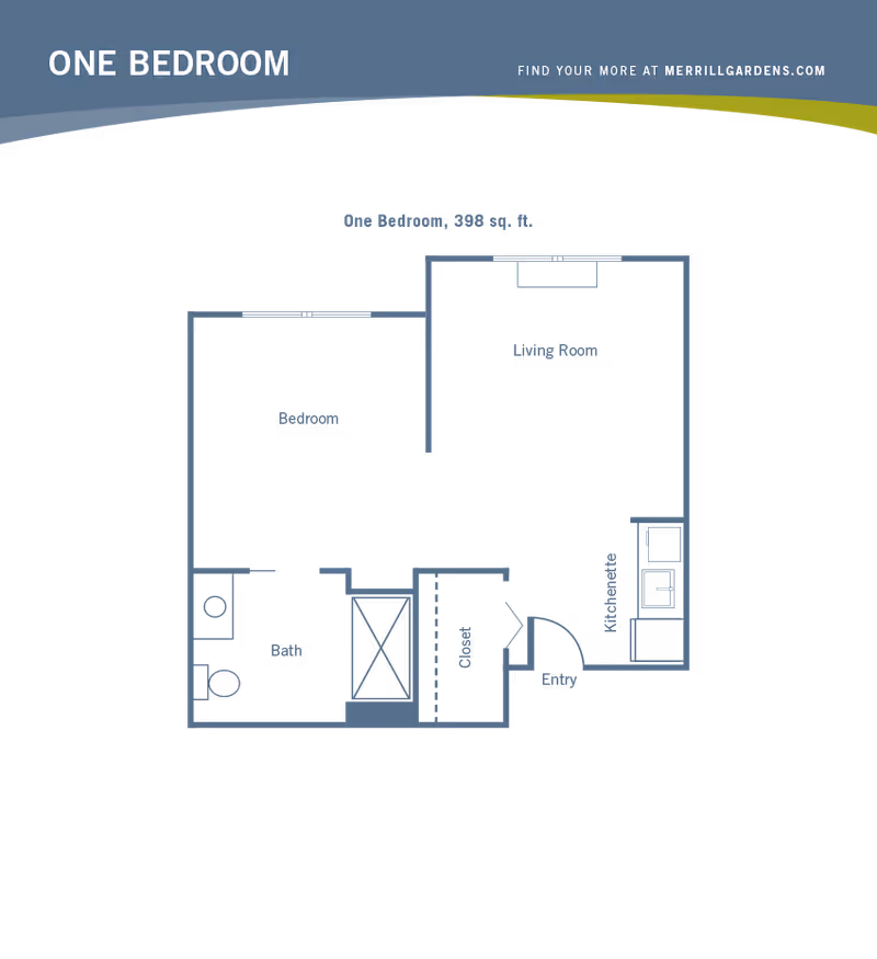 Blueprint-style one-bedroom floor plan labeled 'One Bedroom' showing a living room, bedroom, bath, closet and kitchenette.