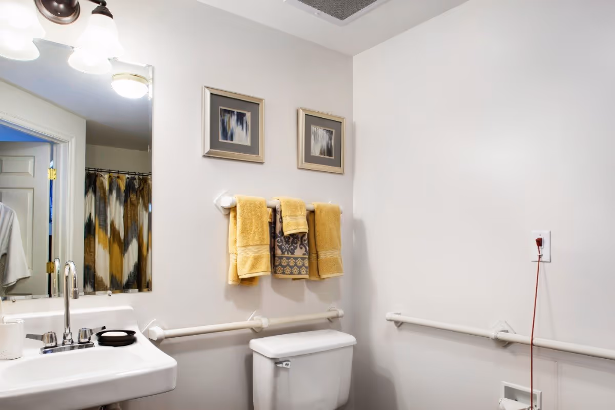 Accessible bathroom with a sink and mirror on the left, a toilet, grab bars, and yellow towels hanging on the wall.