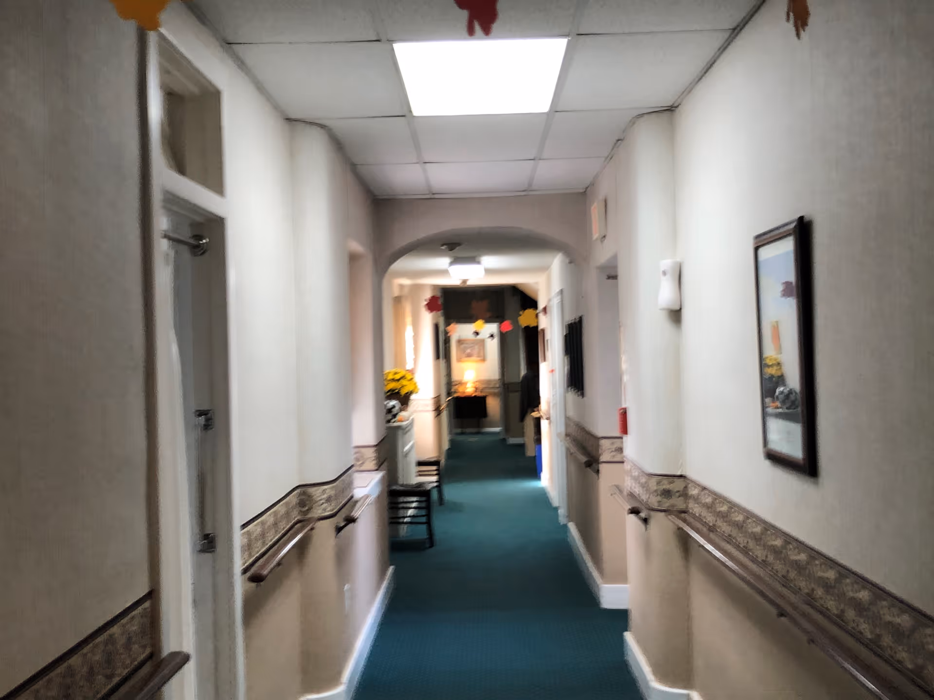 A long indoor hallway with beige walls and green carpet. The walls have a decorative border and handrails on both sides. There are doors and framed pictures along the hallway, with ceiling lights and some hanging decorations visible in the distance.