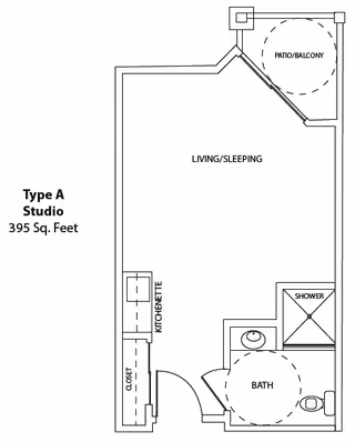 Floor plan of a Type A studio apartment with 395 square feet, showing a living/sleeping area, kitchenette, closet, bathroom with shower and toilet, and a patio/balcony.