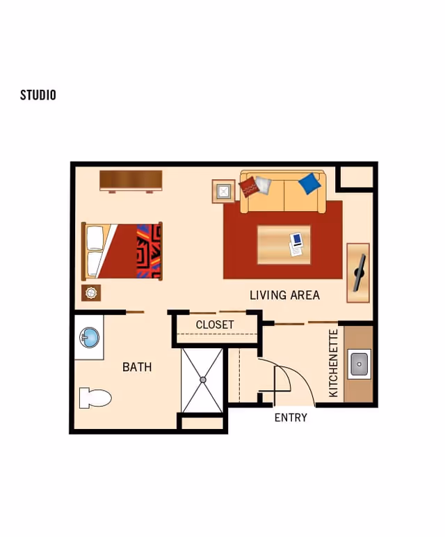 Floor plan of a studio apartment at Discovery Commons Whittier showing a living area with a sofa, coffee table, and TV, a kitchenette with a sink, a closet, a bathroom with a toilet and sink, and a sleeping area with a bed and nightstand.