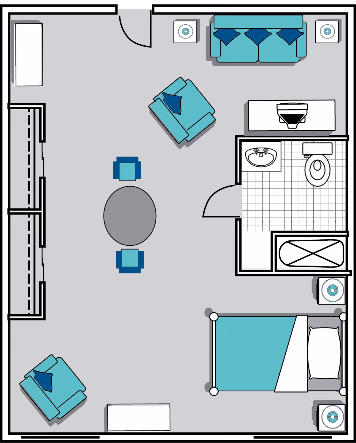 Floor plan of a senior living unit showing a bedroom with a bed and two nightstands, a bathroom with a sink, toilet, and bathtub, and a living area with a sofa, two armchairs, a coffee table, and a TV stand.