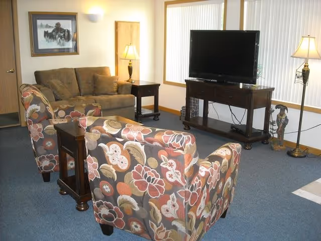 A cozy living room with a floral patterned armchair and a brown sofa. There is a wooden TV stand with a flat-screen television, two side tables with lamps, a floor lamp, and a framed picture on the wall. The room has blue carpet and large windows with vertical blinds.