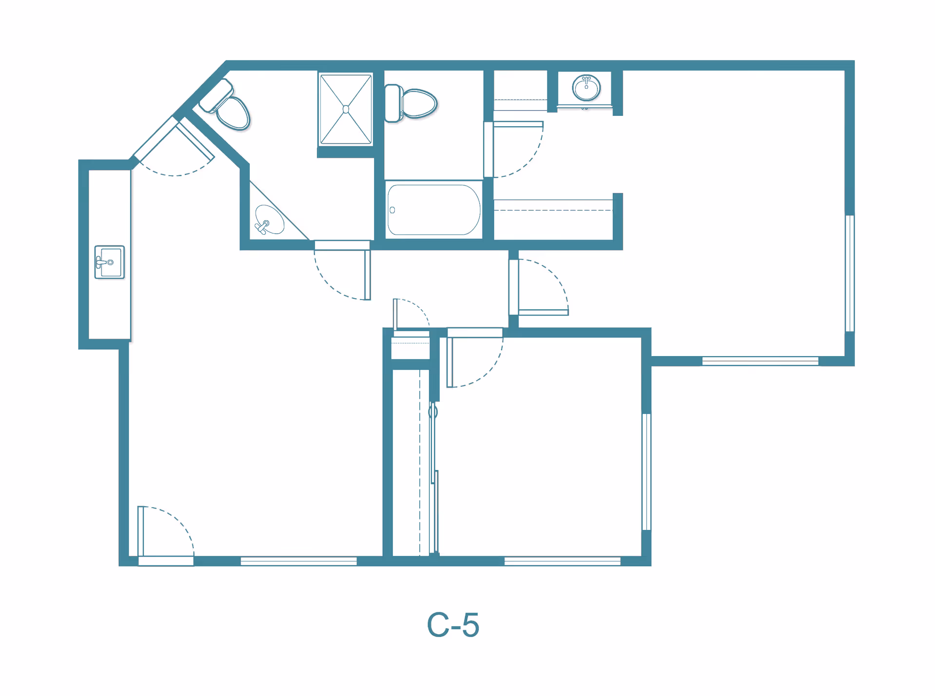 Architectural floor plan labeled C-5 showing layout of rooms including bathroom with shower and bathtub, kitchen area with sink, and multiple rooms with doors and windows.