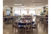 A large dining room with multiple round tables covered with dark blue tablecloths. Each table is surrounded by wooden chairs with cushioned seats. The room is well-lit with natural light coming through large windows at the far end, decorated with light curtains and some hanging decorations. There are plants and other decorative items placed around the room.