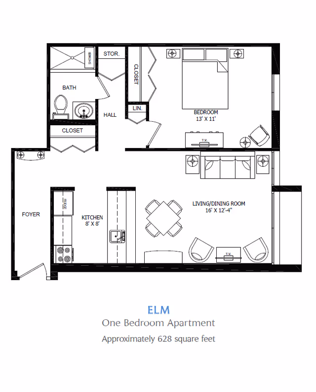 Black-and-white floor plan labeled 'ELM' showing a one-bedroom, one-bath apartment layout with kitchen, living/dining room, bedroom, bath, and closets.