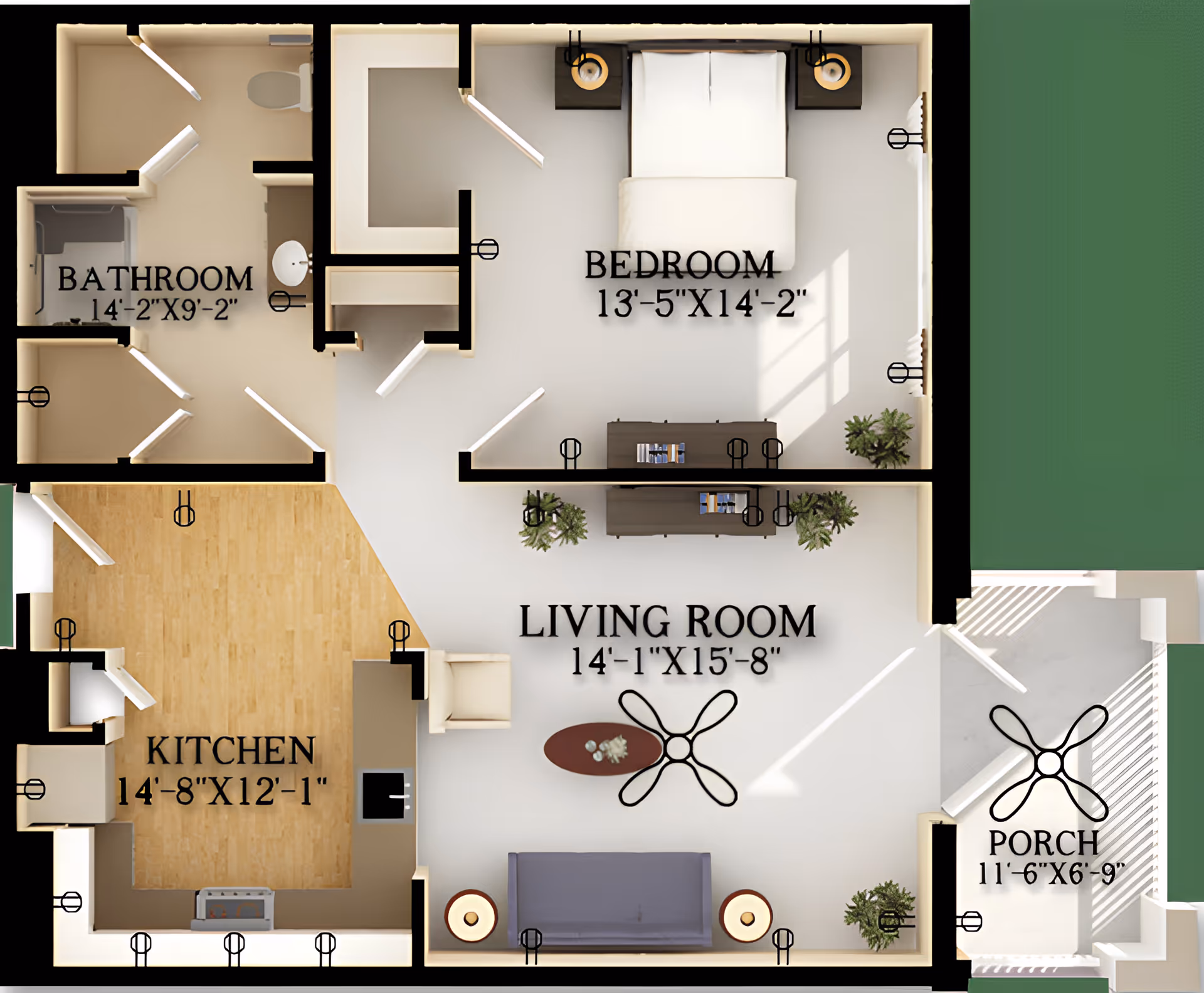 Floor plan of a residential unit at Harmony at Brookberry Farm showing a bedroom with a bed and nightstands, a living room with seating and tables, a kitchen with appliances and counters, a bathroom with a shower and toilet, and a porch area.