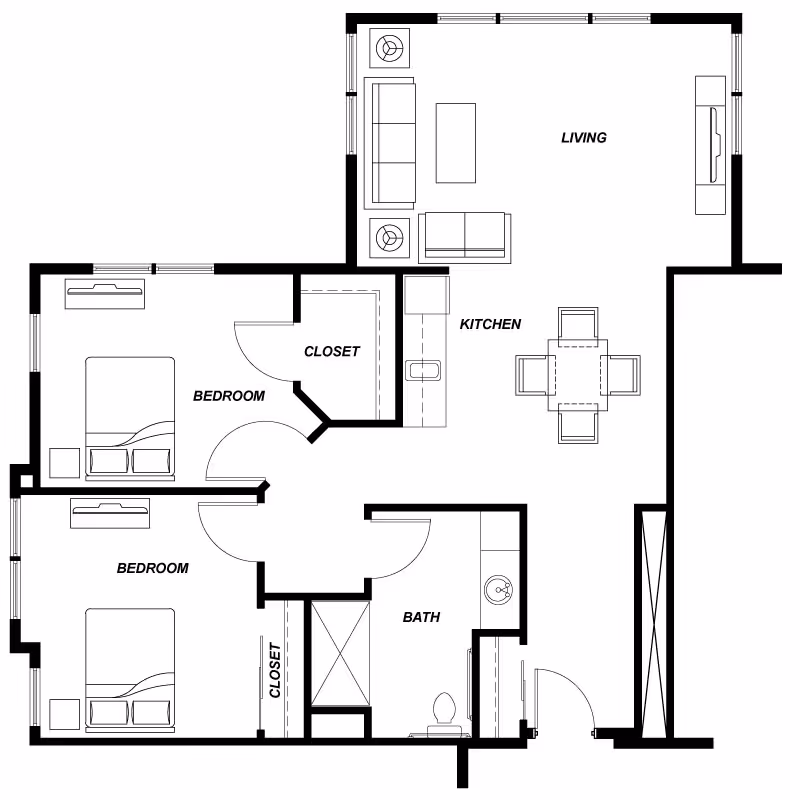 Architectural floor plan of a residential unit at Avamere at St. Helens showing two bedrooms, one bathroom, a kitchen with dining area, and a living room.