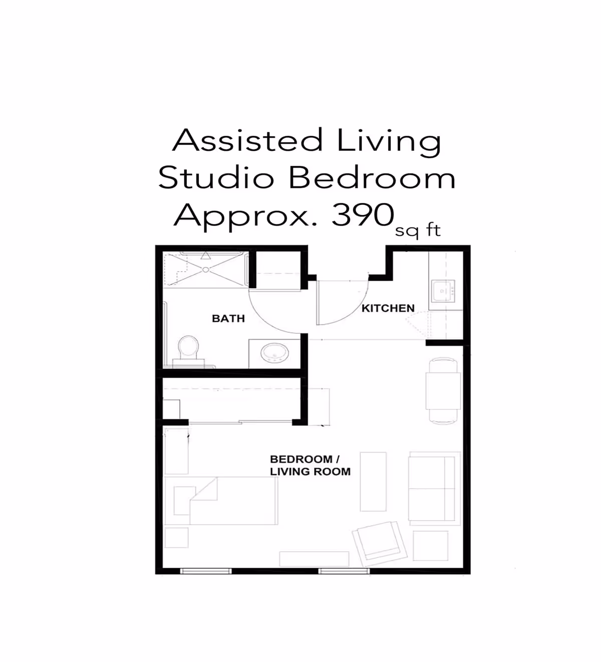 Black-and-white floor plan titled 'Assisted Living Studio Bedroom Approx. 390 sq ft' showing a studio layout with a combined bedroom/living room, kitchen, and bathroom.