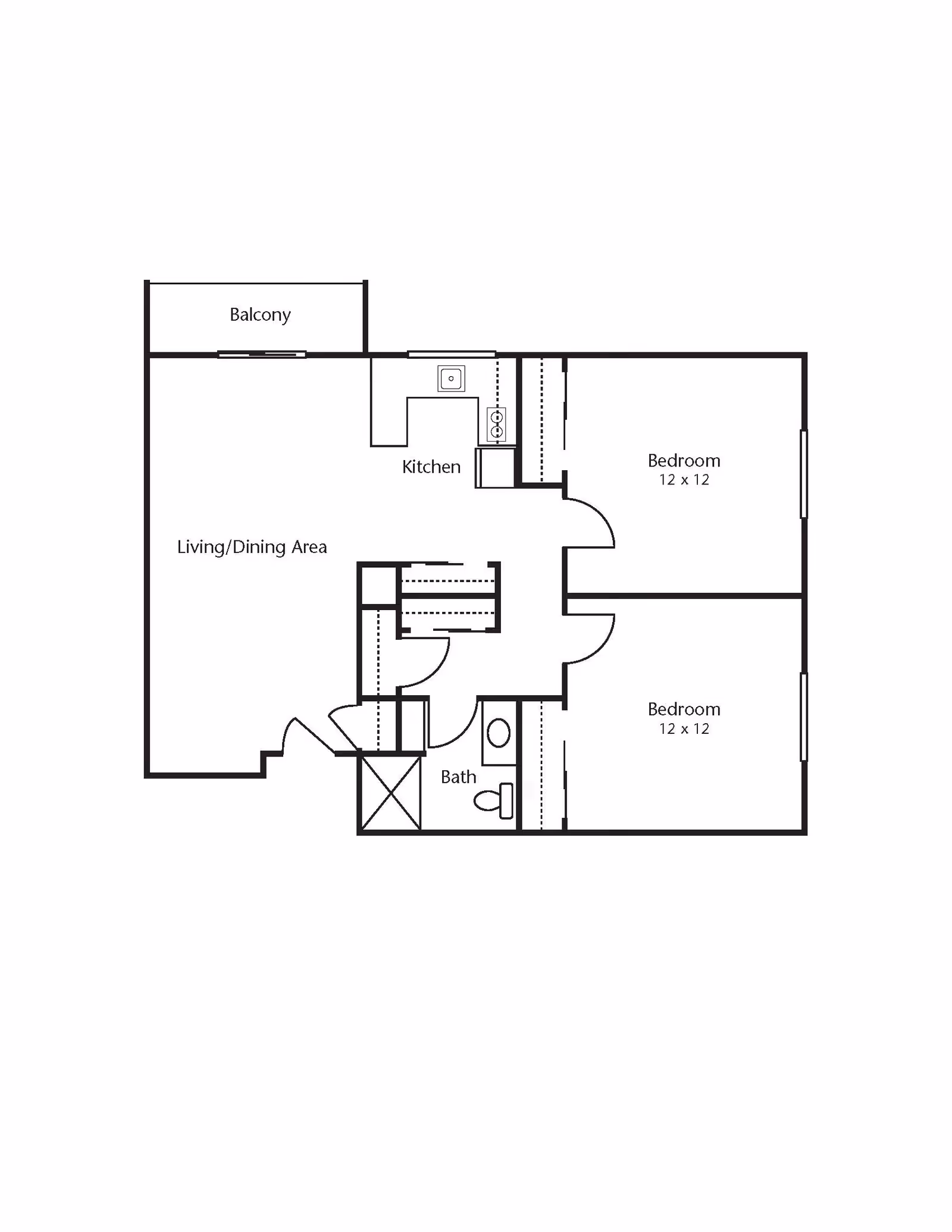 Floor plan of an apartment with two 12x12 bedrooms, a kitchen, living/dining area, bathroom, and a balcony.