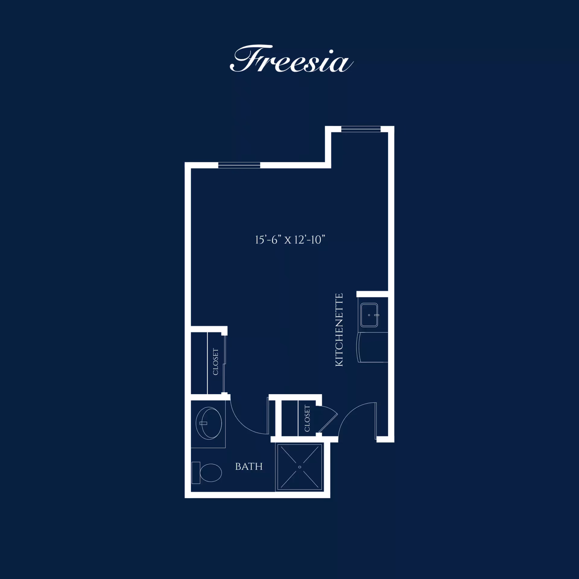 Navy-and-white floor plan titled 'Freesia' showing a studio layout with a kitchenette, bathroom, closets, and room dimensions.