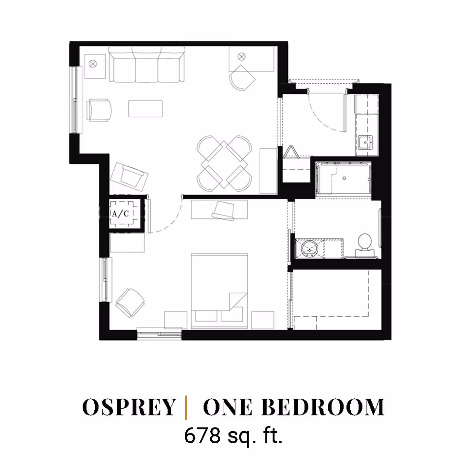 Floor plan layout of a one-bedroom apartment named Osprey with 678 square feet, showing a living room with sofa and chairs, a dining area with table and chairs, a kitchen, a bedroom with a bed and chairs, and a bathroom with a toilet and shower.
