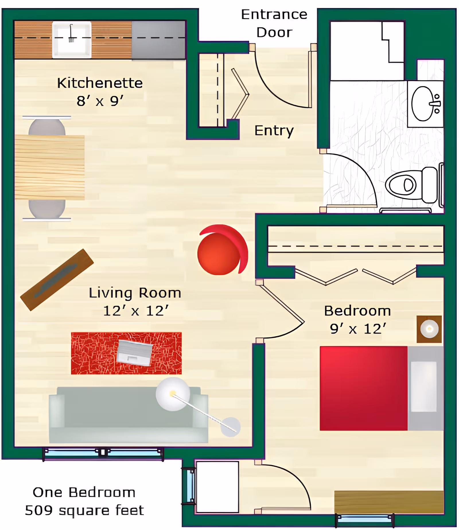 Colorful one-bedroom apartment floor plan showing a kitchenette, living room, bedroom, bathroom and entry with dimensions.