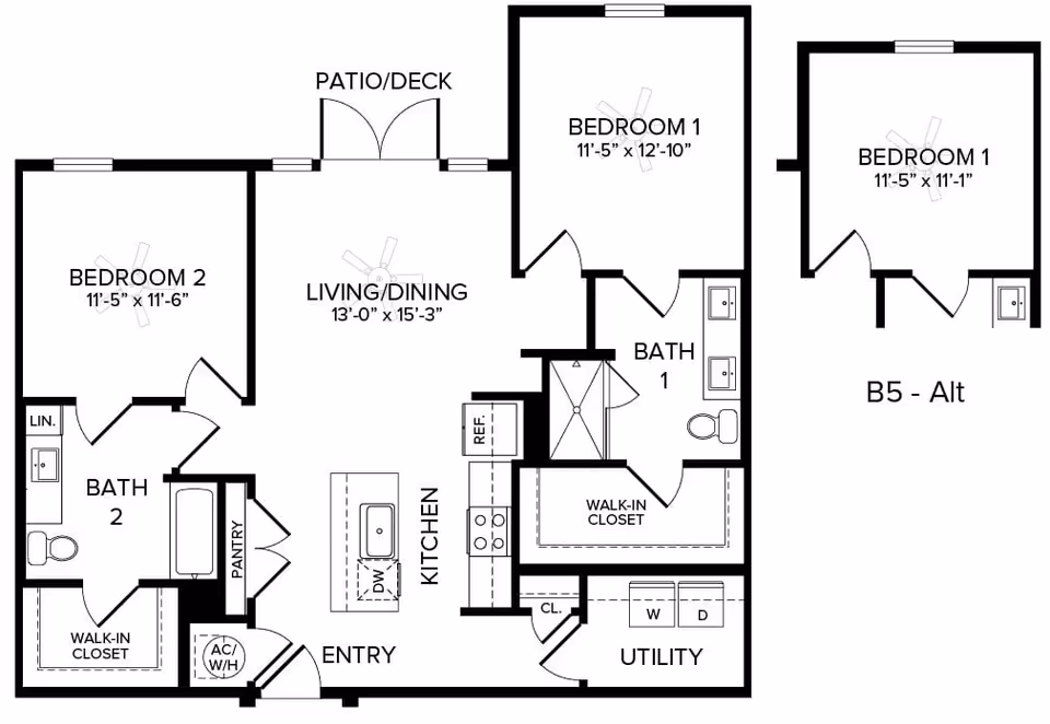 Architectural floor plan of a two-bedroom apartment layout with labeled rooms including living/dining area, kitchen, two bathrooms, walk-in closets, utility room, pantry, and patio/deck. An alternate layout for Bedroom 1 is shown separately.