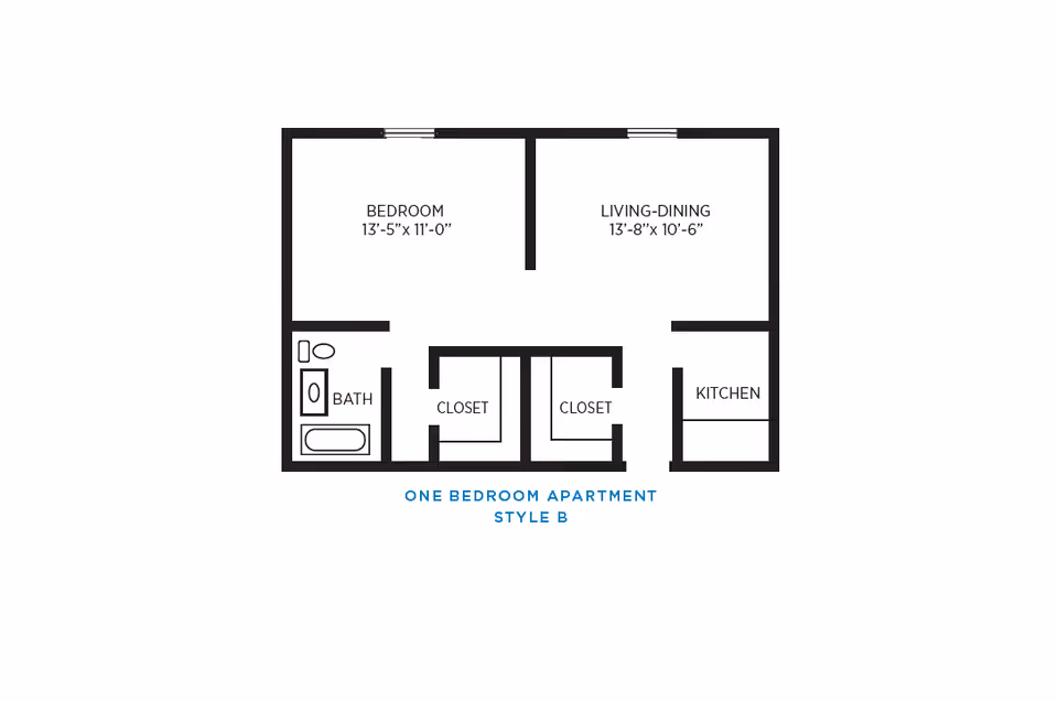 Floor plan of a one bedroom apartment style B showing a bedroom measuring 13 feet 5 inches by 11 feet, a living-dining area measuring 13 feet 8 inches by 10 feet 6 inches, a kitchen, a bathroom with a bathtub and toilet, and two closets.