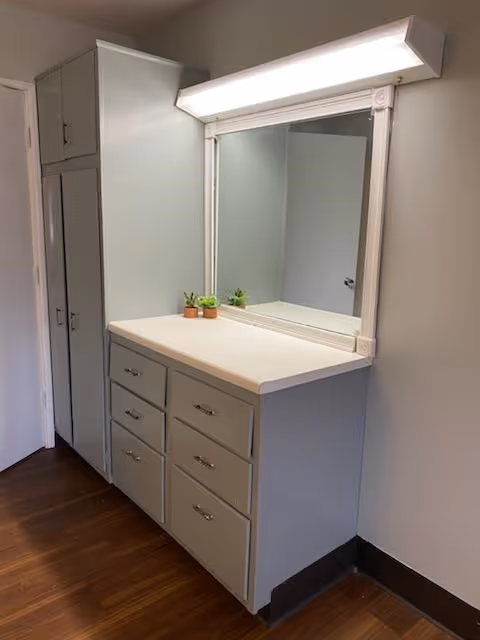 A vanity area with a large mirror framed in white, illuminated by a long light fixture above. Below the mirror is a countertop with two small potted plants. The vanity has six drawers with silver handles. To the left, there is a tall cabinet with doors. The floor is wooden, and the walls are painted light gray.