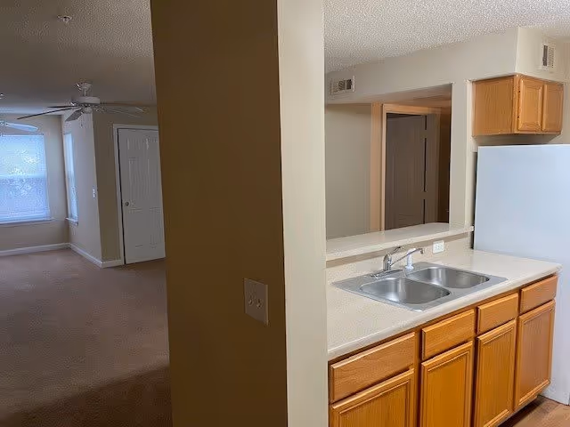 Interior view of a senior living facility showing a kitchen area with wooden cabinets, a double sink, and a white refrigerator. Adjacent to the kitchen is a living area with beige carpet, a ceiling fan, and windows with blinds.