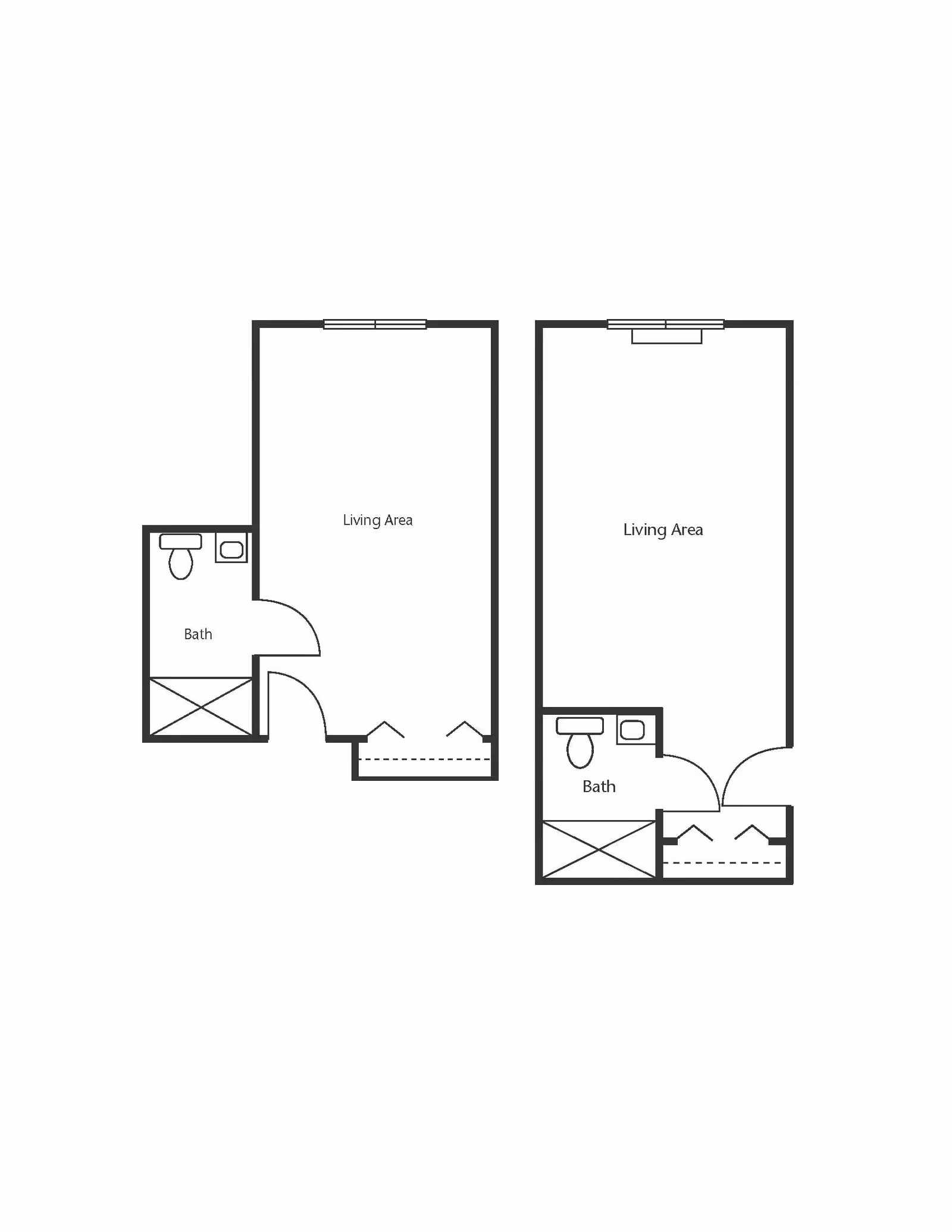 Two architectural floor plans showing layouts with labeled living areas and baths, including toilet, sink, and closet spaces.