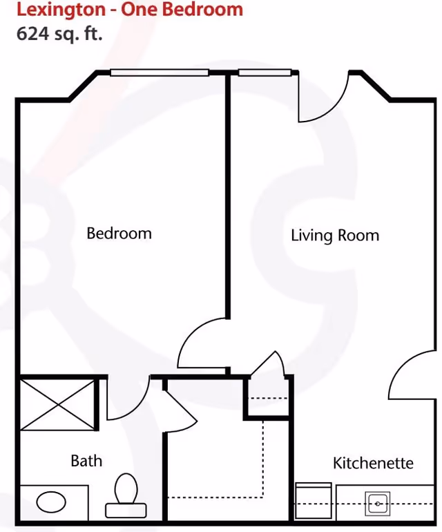 Floor plan of a one-bedroom apartment named Lexington with 624 square feet, showing a bedroom, living room, bath, and kitchenette.