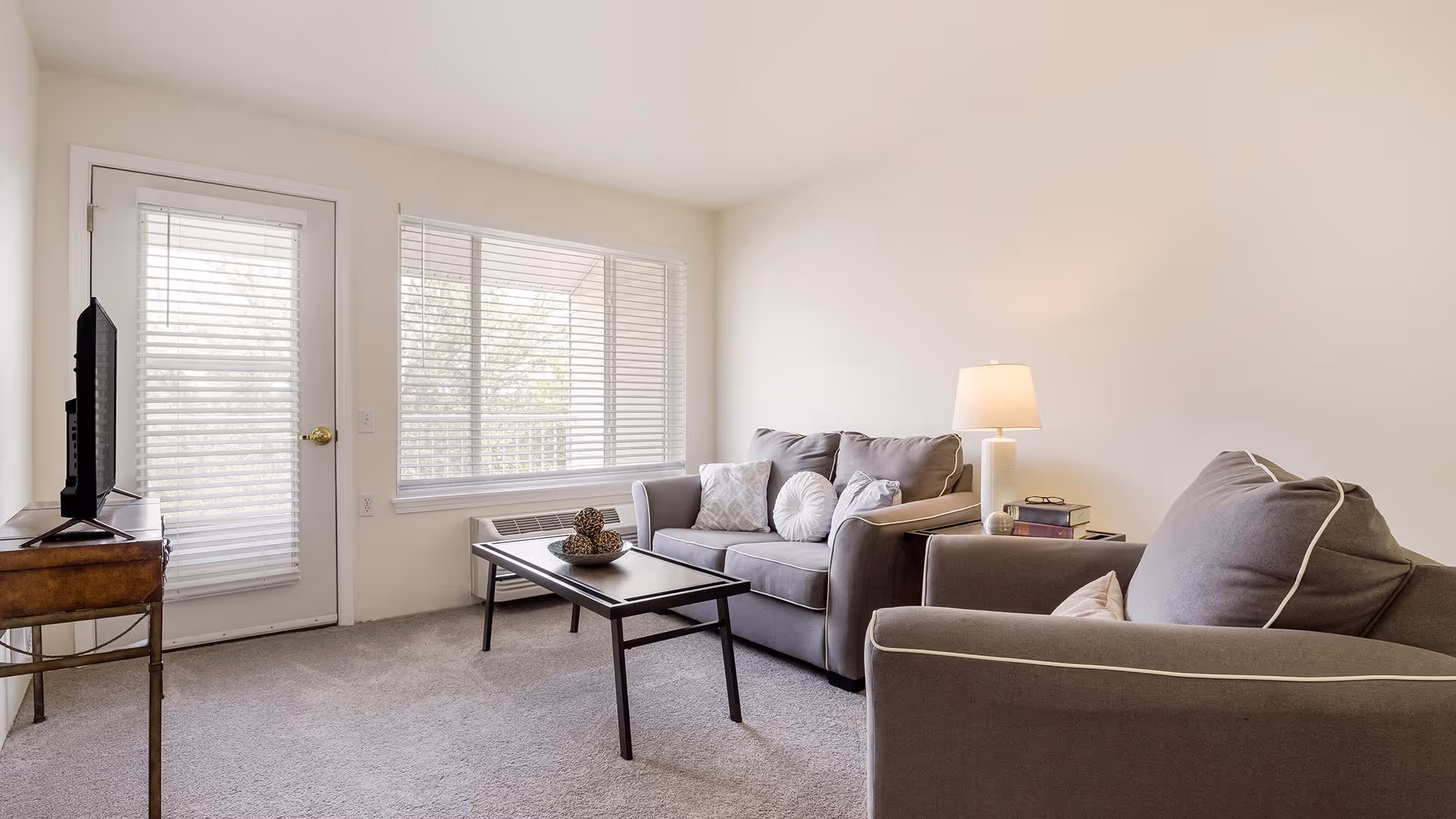 A bright living room with beige walls and carpeted floor featuring a gray sofa and matching armchair with decorative pillows. A wooden coffee table with a decorative centerpiece sits in front of the sofa. A side table with a lamp and books is next to the sofa. A flat-screen TV is placed on a wooden stand near a door with window blinds, and a large window with blinds lets in natural light.