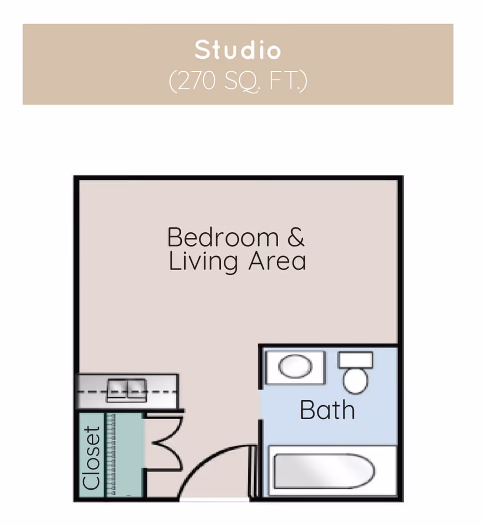 Floor plan of a studio apartment with 270 square feet, showing a combined bedroom and living area, a closet, and a bathroom with a bathtub, toilet, and sink.