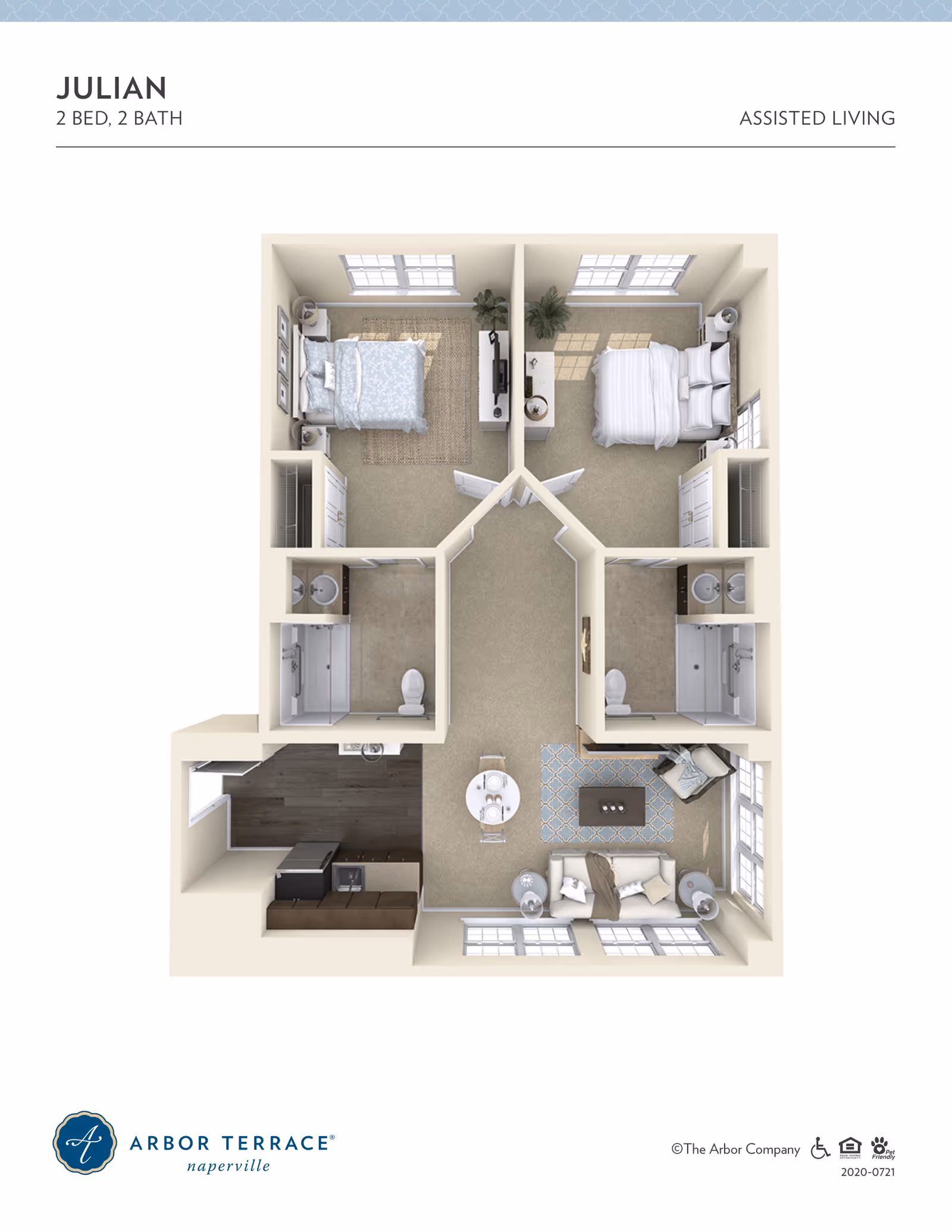 3D floor plan of the Julian assisted living apartment at Arbor Terrace Naperville, featuring 2 bedrooms and 2 bathrooms. The layout includes two bedrooms each with a bed, nightstands, and closets. Each bedroom has an adjacent bathroom with a shower, toilet, and sink. The central area has a living room with a sofa, armchair, coffee table, and TV, and a dining area with a round table and chairs. The kitchen is equipped with appliances and cabinetry.