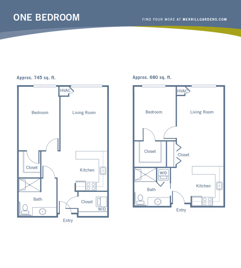 Floor plans for two one-bedroom apartments at Merrill Gardens at Campbell. The left plan is approximately 745 sq. ft. and includes a bedroom, living room, kitchen, bath, closets, HVAC, and washer/dryer. The right plan is approximately 680 sq. ft. and includes a bedroom, living room, kitchen, bath, closets, HVAC, washer/dryer, and an entry area.