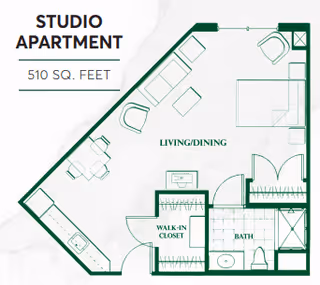 Floor plan of a studio apartment at Oakmont Parkway Senior Community showing a 510 square feet layout with designated areas for living/dining, a walk-in closet, a bathroom, and a sleeping area with furniture placement.