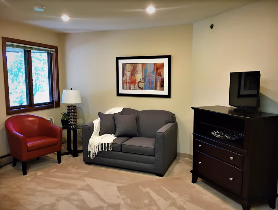 A cozy living room with a gray loveseat adorned with two gray pillows and a white throw blanket. To the left is a red armchair next to a small black side table with a lamp and a small plant. A window with wooden trim lets in natural light. On the right side, there is a dark wooden dresser with a flat-screen TV on top. A colorful abstract painting hangs on the beige wall above the loveseat.