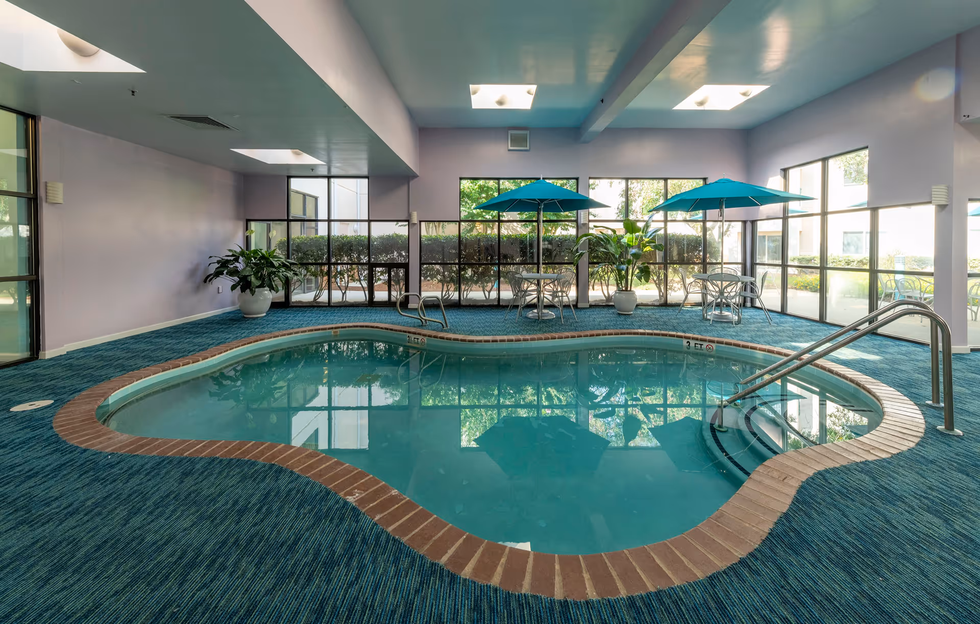 Indoor swimming pool with a kidney-shaped design surrounded by blue carpeted flooring and a brick border. The room has large windows letting in natural light, two blue umbrellas shading small tables with chairs, and potted plants near the windows.