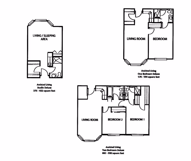 Floor plans for Crown Pointe assisted living units including Studio Deluxe with living/sleeping area and bathroom, One Bedroom Deluxe with living room, bedroom, and bathroom, and Two Bedroom Deluxe with living room, two bedrooms, and two bathrooms.