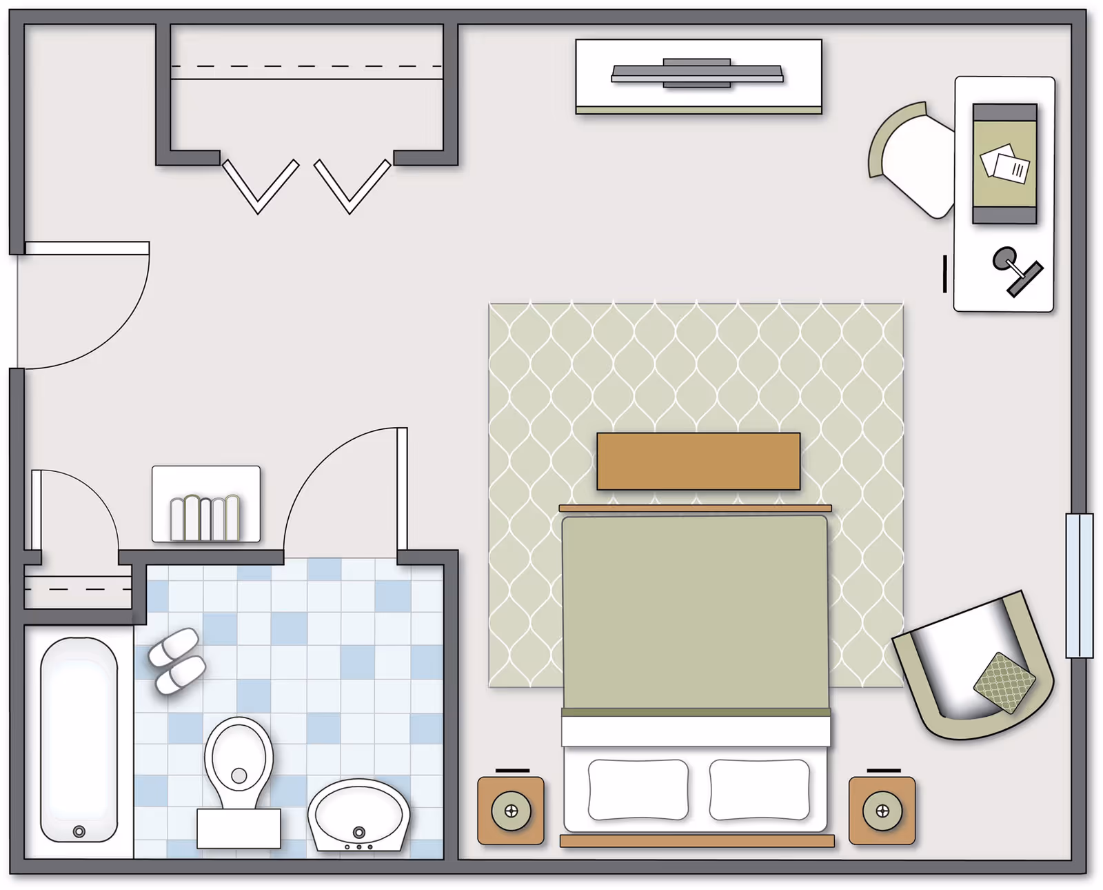 Floor plan of a senior living facility room at River Oaks Place - Lenoir City, showing a bedroom area with a bed, two nightstands, a chair, a desk with a chair, a rug, and a bathroom with a bathtub, toilet, and sink.