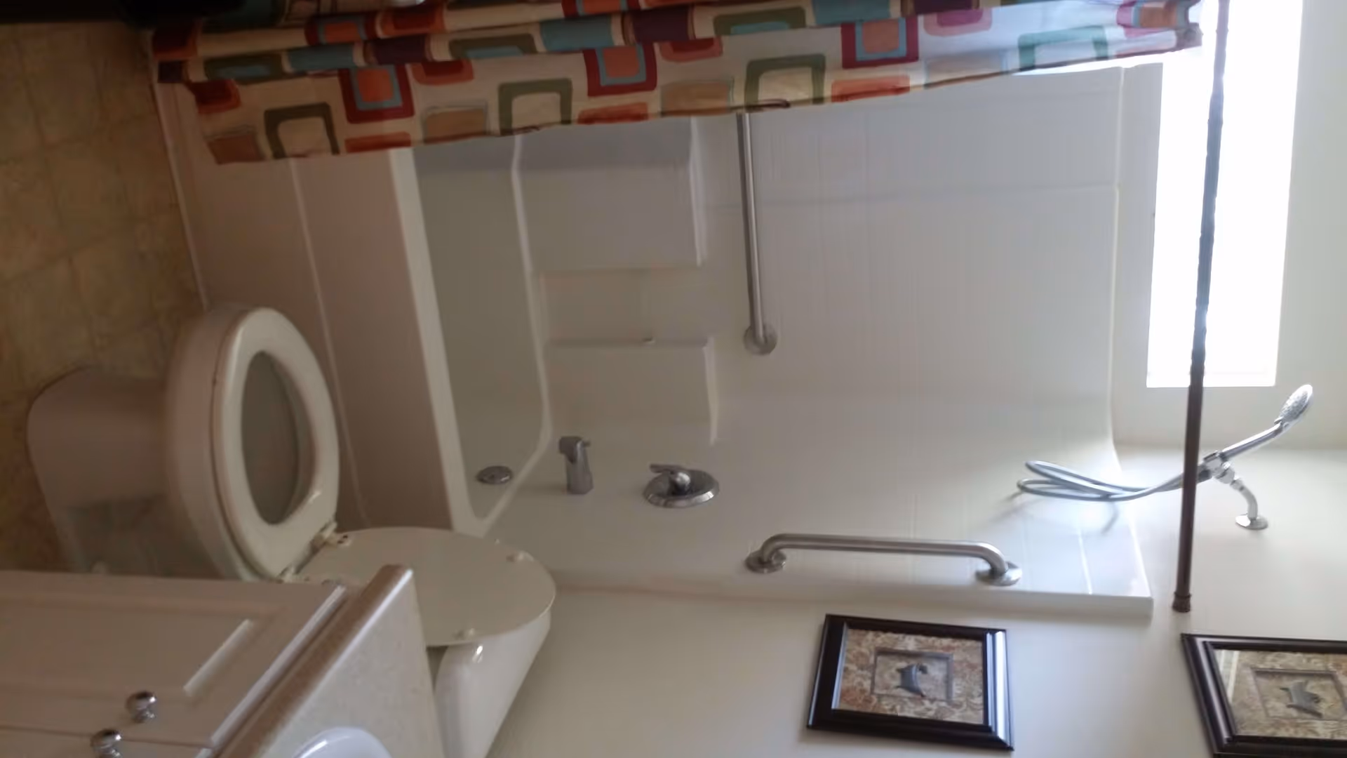 Bathroom showing a toilet beside a bathtub/shower with grab bars, a handheld showerhead, patterned curtain and framed artwork.
