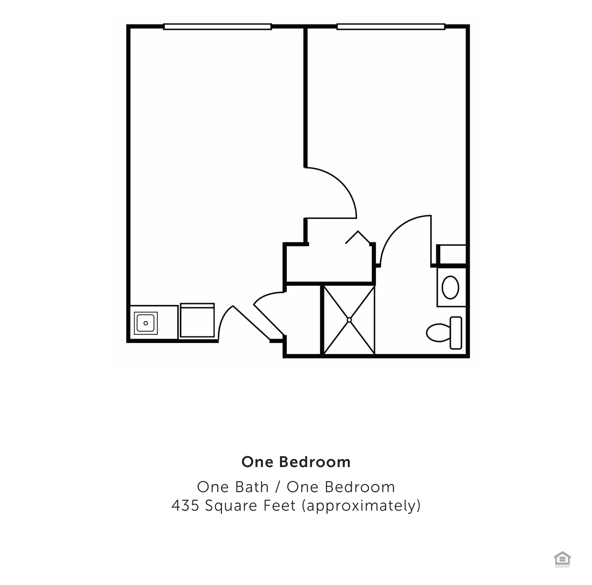 Black-and-white floor plan diagram of a one-bedroom, one-bath apartment layout (approximately 435 sq ft).