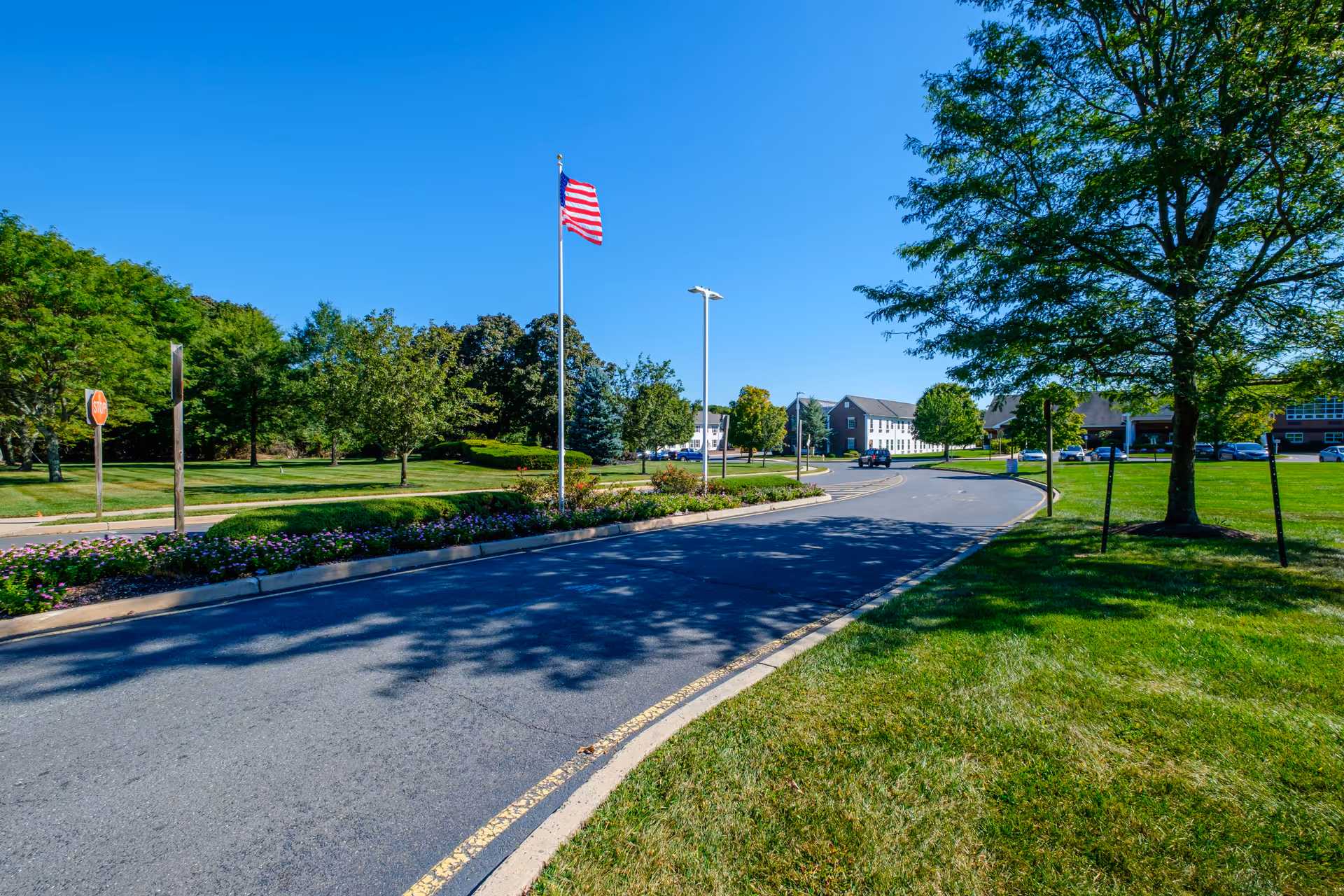 A paved driveway curves through a landscaped area with green grass, trees, and flower beds. An American flag flies on a flagpole near the center of the image. In the background, there are several buildings and parked cars under a clear blue sky.