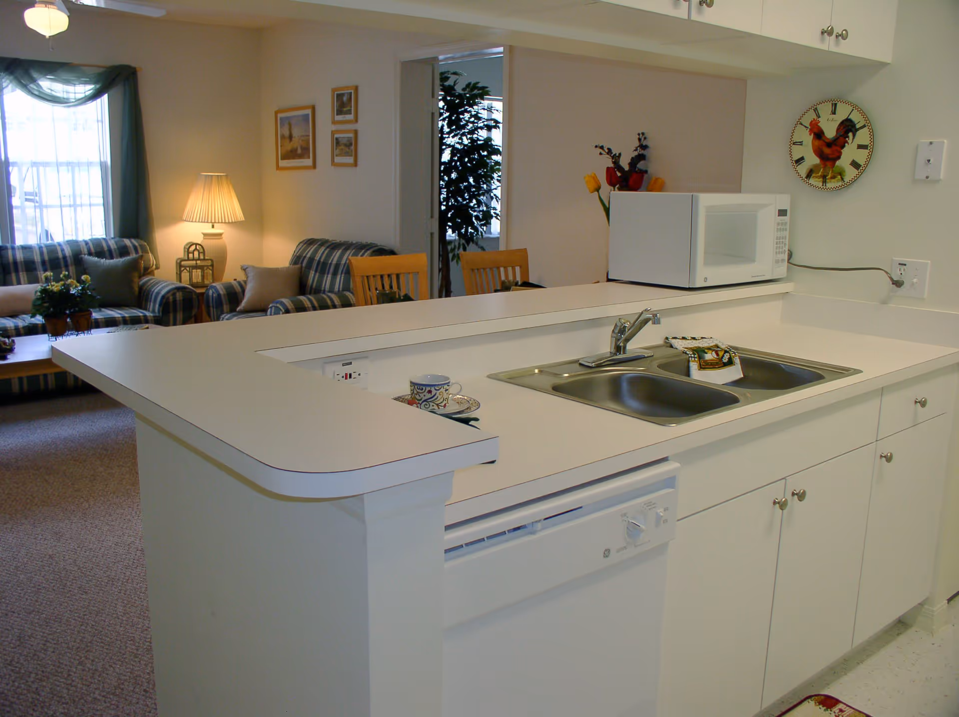 A kitchen area with white countertops, a double sink, a microwave, and a dishwasher. In the background, there is a living room with plaid upholstered sofas, a lamp, framed pictures on the wall, and a window with green curtains.