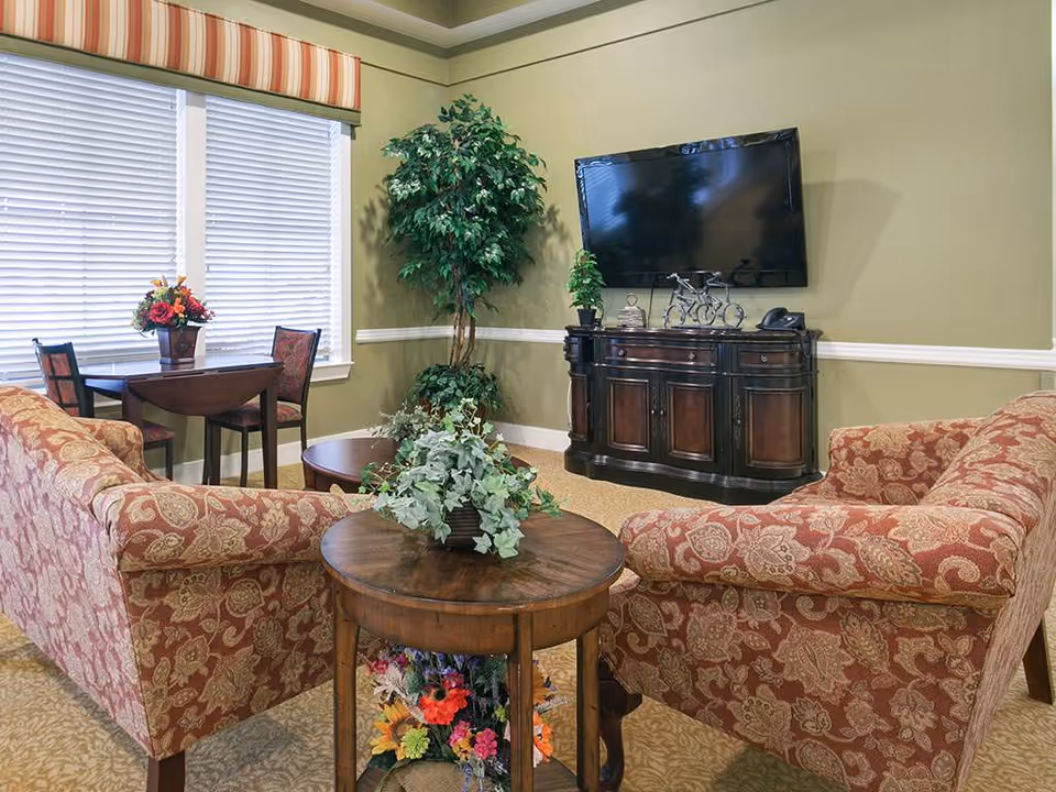 A cozy living room area with two patterned armchairs facing a wall-mounted flat-screen TV above a dark wooden cabinet. There is a round wooden side table with a potted plant between the chairs, and a small dining table with two chairs near a window with blinds and a striped valance. A tall potted plant is placed in the corner of the room.