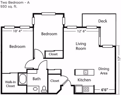 Floor plan of a two-bedroom apartment with 930 square feet. It includes two bedrooms, a bathroom with a walk-in closet, a living room, a kitchen with an island, a dining area, and a deck. Dimensions are marked for some rooms.