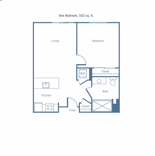 Floor plan of a one-bedroom apartment with 532 square feet, showing a living room, kitchen, bedroom, bathroom, entry, closets, and washer/dryer area.