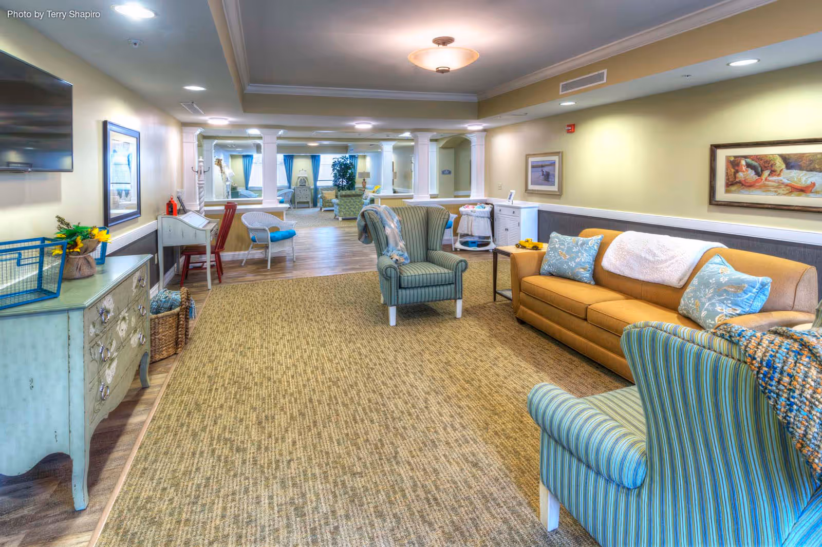 Bright furnished common living room with sofas, striped armchairs, a TV, and decorative furniture.