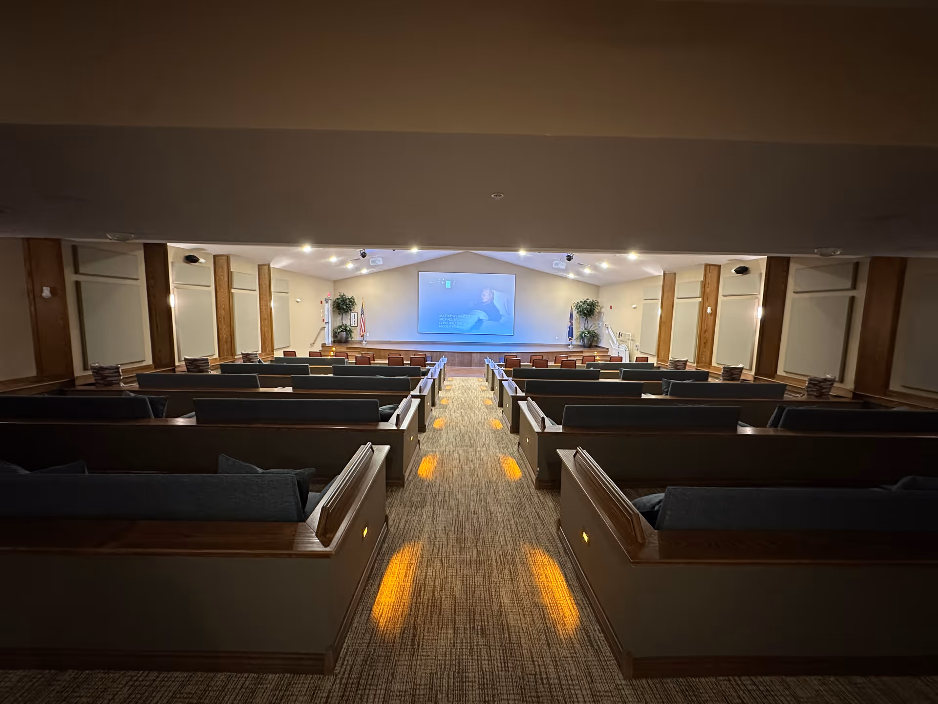 Interior view of a large auditorium or presentation room with rows of cushioned benches facing a stage with a large screen. The room has carpeted floors, wood paneling on the walls, and potted plants on either side of the stage. Soft lighting illuminates the space.