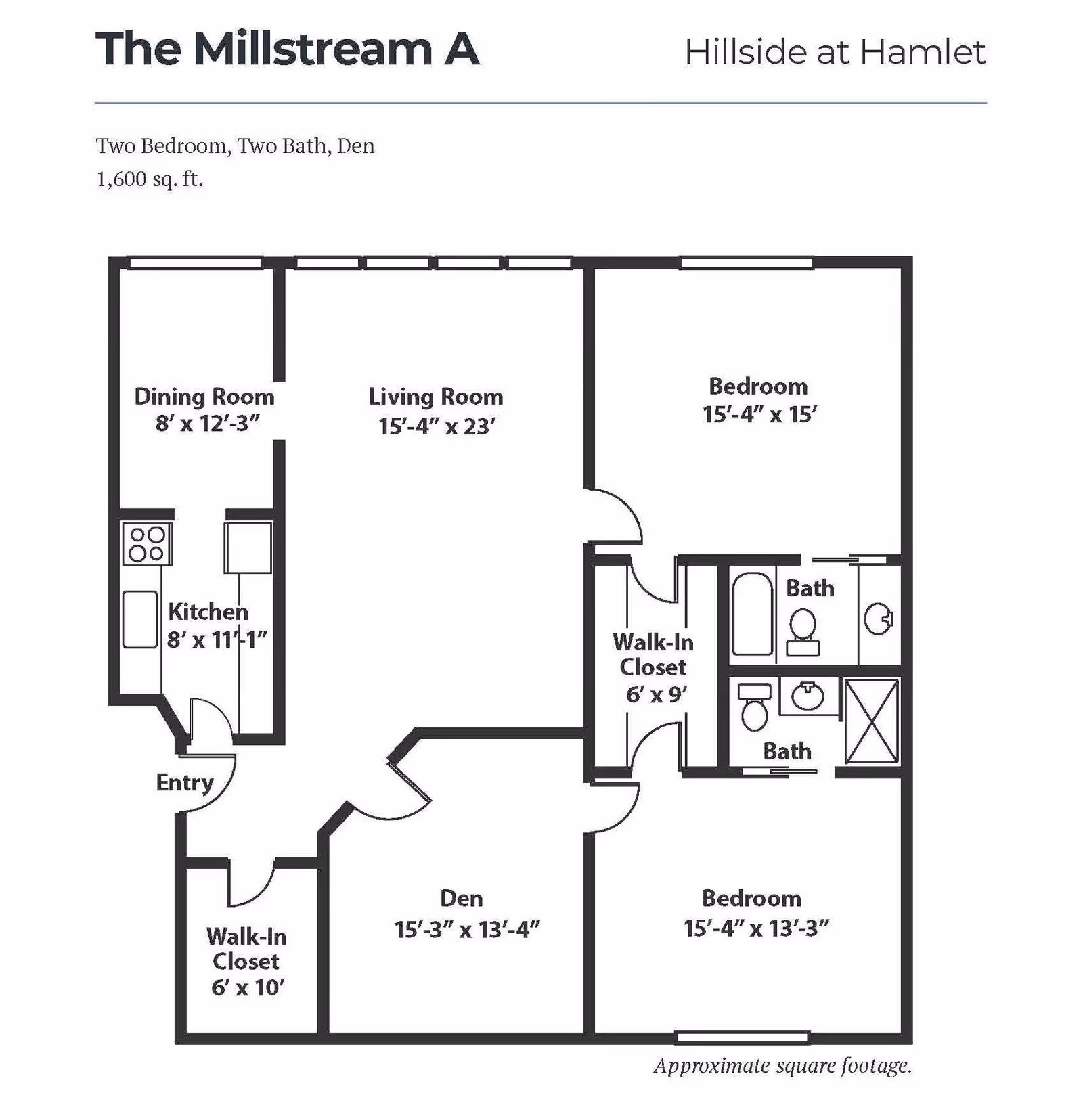 Floor plan of The Millstream A at Hillside at Hamlet, showing two bedrooms, two bathrooms, a den, a dining room, a kitchen, two walk-in closets, and an entry. The total area is approximately 1,600 square feet.