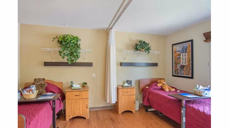 A shared bedroom in a senior living facility with two single beds, each covered with a red quilt and a teddy bear placed on top. Between the beds are two wooden nightstands with small plants and personal items. Above each bed is a white shelf holding a green plant. A curtain hangs in the middle of the room for privacy. The walls are light beige, and there is a framed picture on the right wall. The floor is wooden.