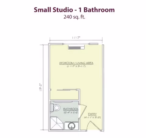 Floor plan of a small studio apartment with one bathroom, totaling 240 square feet. The layout includes a combined bedroom and living area measuring 11 feet 7 inches by 9 feet 11 inches, a bathroom measuring 6 feet 4 inches by 5 feet, and an entry area measuring 4 feet 1 inch by 9 feet 3 inches.